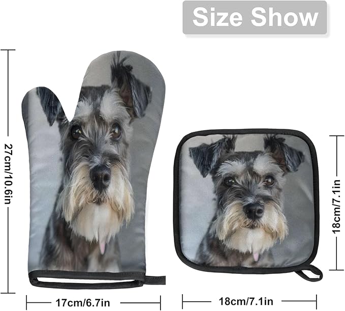 Cute Schnauzer Dog Oven Mitts and Pot Holder Set of 2, Kitchen Heat Insulation Pads Non-Slip Potholders Baking Gloves for BBQ Cooking Baking