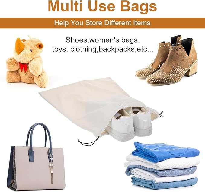 4 Pack Shoe Bags for Travel Packing - Drawstring Sneaker Travel Bags - Cotton Cloth Shoe Dust Bag for Storage & Luggage Washable Dust Cover Bag for Boots and Dress Shoes (Medium: 19"x15")