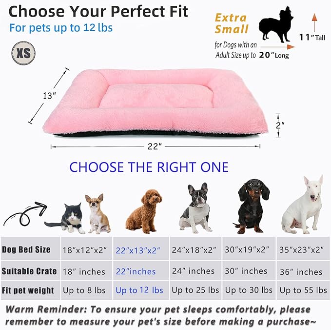 Pink Dog Bed for Crate or Cage 22 Inch for Extra Small Dogs,Soft Fluffy Comfy Cute Crate Beds Washable & Anti-Slip Pet Kennel Pad for Puppy and Cats Cozy Sleeping Mat, (22" x 13", XS-Baby)