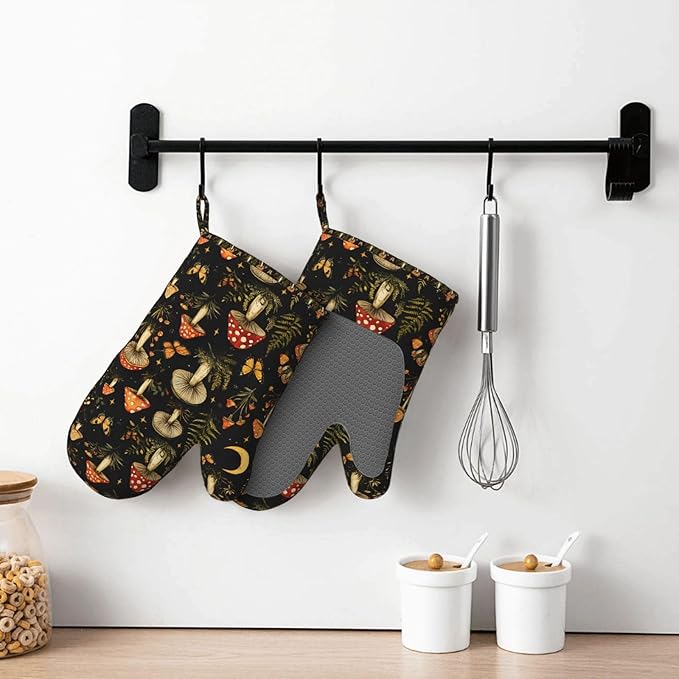 Heat Resistant Oven Mitts 2 Pack, 500°F Silicone Oven Gloves with Non-Slip Grip, Soft Quilted Cotton Lining for Baking, Grilling, BBQ, Cooking (Mushrooms Butterflies)