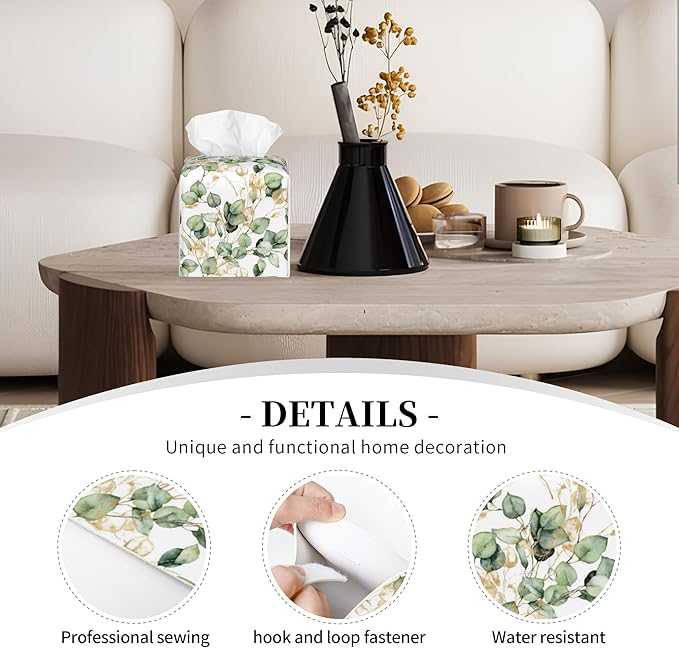 POIUBLE Leather Tissue Box Holder Gold and Green Eucalyptus Leaf Tissue Box Cover Square Waterproof Tissue Holder Organizer Modern Napkin Holder for Bedroom Dresser Night Stand Office Desk