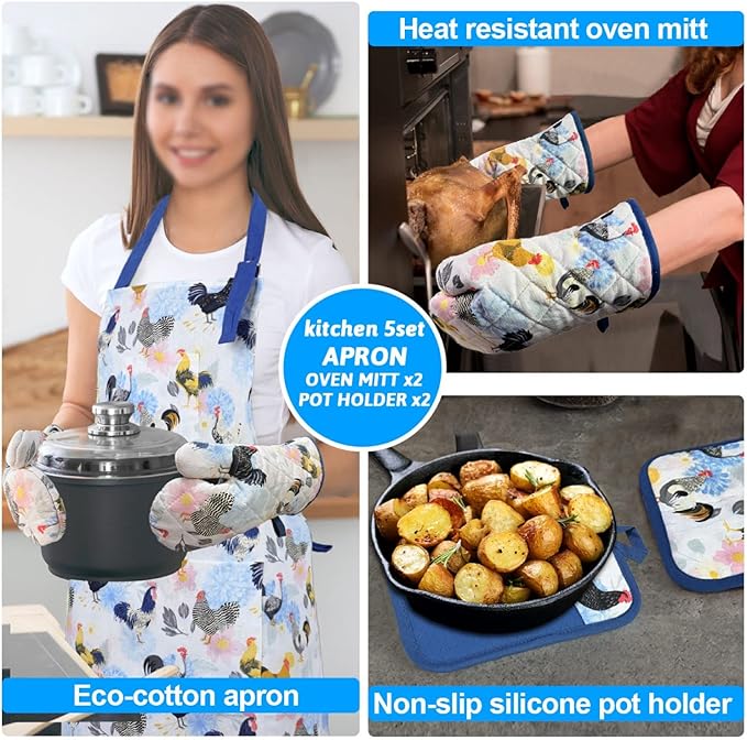 Oven Mitts and Pot Holders with Chef Apron,Set of 5 Heat Resistant Kitchen Gloves and Silicone Non-Slip Potholders Adjustable Neck Buckle Chef Apron, Cotton Nice Design for Cooking (Rooster)