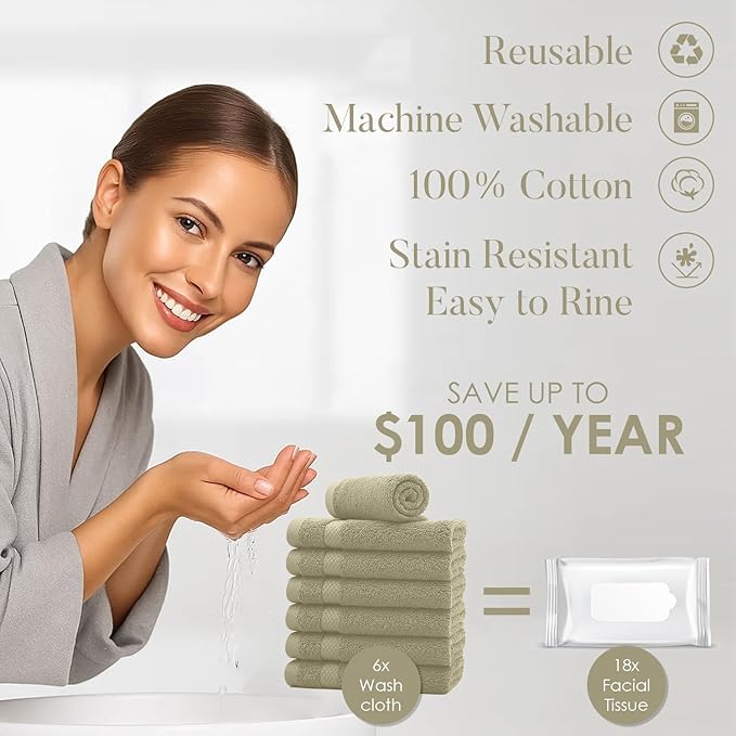 DAN RIVER 12-Pack Premium 100% Cotton Beige Face Towels for Bathroom - Reusable Face Wash Cloths for Showering 12x12 Inches - 550 GSM Super Soft & Absorbent Luxury WashCloths for Body, Spa & Gym