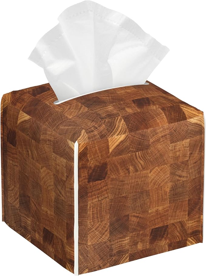 Natural Wood Board Honey Oak Tissue Box Cover Square Leather Tissue Holder Waterproof Facial Paper Organizer Dispenser Cube Paper Cover Case for Home Office Bathroom Vanity Countertop