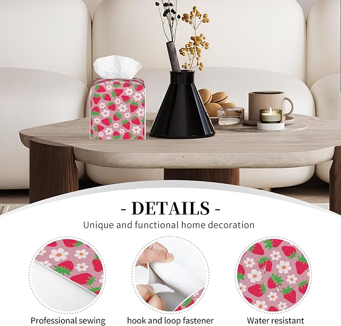 POIUBLE Strawberry and Flower Tissue Box Cover Leather Tissue Box Holder Square Facial Paper Organizer Dispenser for Bathroom Kitchen Bedroom Vanity Countertop Night Stands