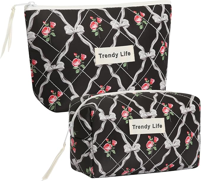 HAOGUAGUA 2 Pieces Makeup Bag, Small Large Quilted Cosmetic Bag, Travel Floral Make Up Toiletry Organizer Bag for Women Girls (2PCS STYLE A-5)