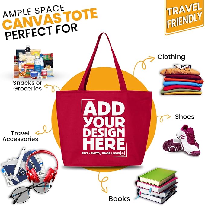 shop4ever Personalized Custom Design Your Own Heavy Canvas Tote with Zipper Reusable Shopping Bag Customizable Gift