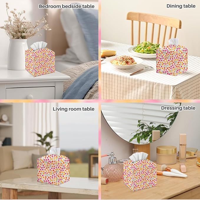 Tissue Box Cover, Tissue Box Holder, Square with Belt Bottom, PU Leather Decorative Organizer for Desk, Tabletop, Countertop Bathroom, Bedside Car, Office, Dresser Kitchen, Aesthetic Flower Decor