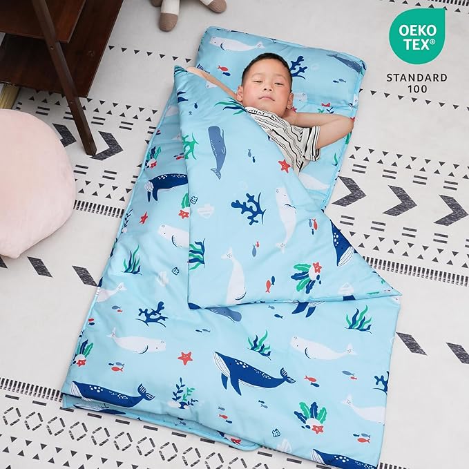 david's kids Toddler Nap Mat Set with Removable Pillow, Ultra Soft Slumber Bags for Boys Girls，Perfect for Preschool, Daycare, Kids Sleeping Bags with Rollup Design, 50"x20", Ocean Animals Light Blue