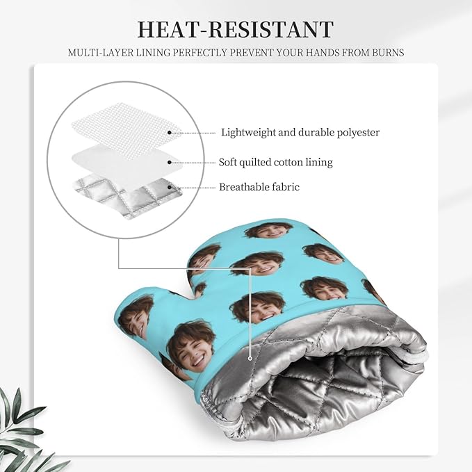 Custom Oven Mitt and Pot Holder with Your Face, Customizable 2 Pcs Silicone Oven Glove and Potholders Personalized Kitchen Gifts for Chefs Cooking Lovers