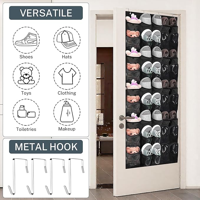 Hualleko Over the Door Shoe Organizer,40-Pocket Hanging Shoe Rack for Closet Door,Shoes Storage Holder Hanger with Large Mesh Pocket for Women Men Shoes,Flip Flops(Black)