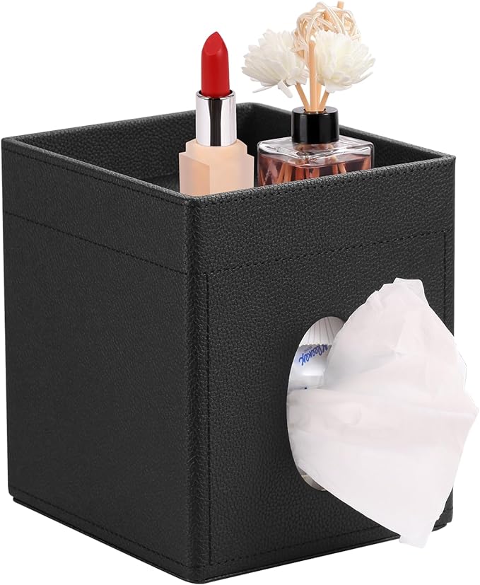 LAMOTI Leather Tissue Box Cover with Storage Tray, Square Facial Tissue Box Holder for Bathroom, Office Table, Countertop, Night Stand & More (Black)