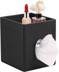 LAMOTI Leather Tissue Box Cover with Storage Tray, Square Facial Tissue Box Holder for Bathroom, Office Table, Countertop, Night Stand & More (Black)