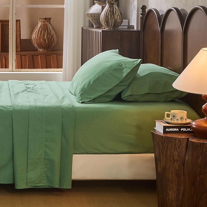 100% Linen Sheet Set Queen Size Extra Deep Pocket Fits 18-24 Inch Mattress, Breathable & Soft, Smooth 4-Piece Set for Thick Mattresses Hotel Luxury Bedding（Queen, Sage Green）