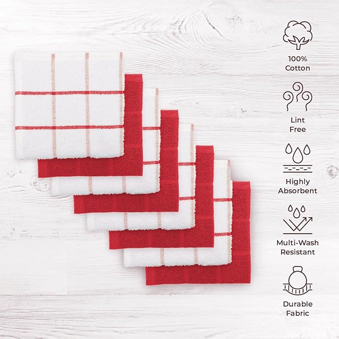 Mellow Buff 100% Cotton Terry Dish Cloth & Dish Towel, 6 Pack, Super Soft and Absorbent Kitchen Towels, Perfect for Kitchen Cleaning and Dish Washing (RED (Solid and Checks) 8 Pack)