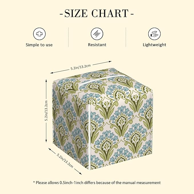 POIUBLE Tissue Box Holder Green and Blue Floral Tissue Box Cover Square Leather Tissue Holder Organizer Portable Decorative Facial Paper Case for Home Office Bathroom Vanity Countertop