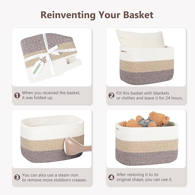 ECDYQXVU Cotton Rope Basket, Storage Baskets with Handle, 15x10x9 Inch Woven Basket for Shelves, Laundry, Towels, Clothes, Books (White Brown 2 Pack)