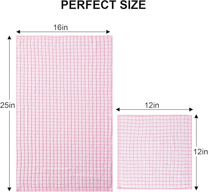 Kitinjoy Cotton 12 Pack Kitchen Towels and Dishcloths Sets, 16 x 25 Inch & 12 X 12 Inch Dish Towels Bulk, Super Soft and Absorbent Hand Towels for Kitchen Drying, Pink