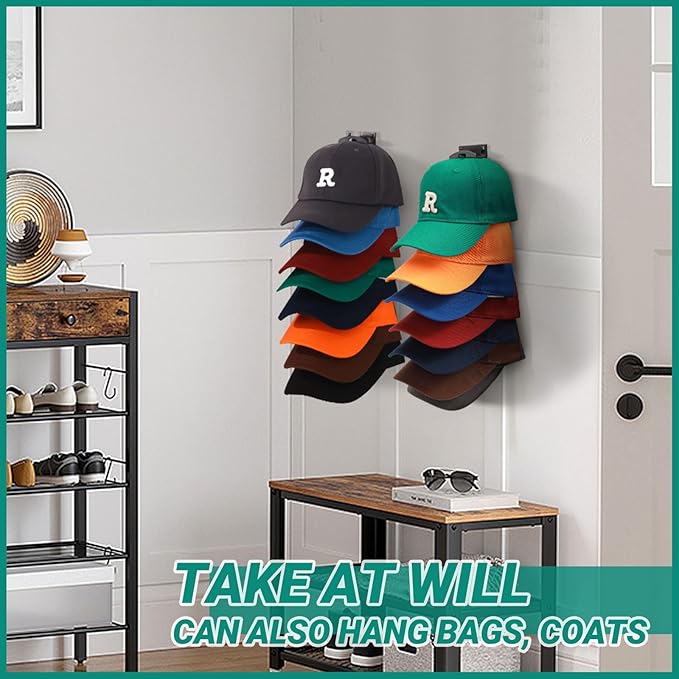 Baseball Cap Organizer Rack-2Pcs,Wall Hat Hooks with Strong Adhesive Holds up to 16Hats,Over-the-Door Closet Hat Hanger Display Stand,MultiLayer Cap Organizer Storage with 2Mounting Options(Black)