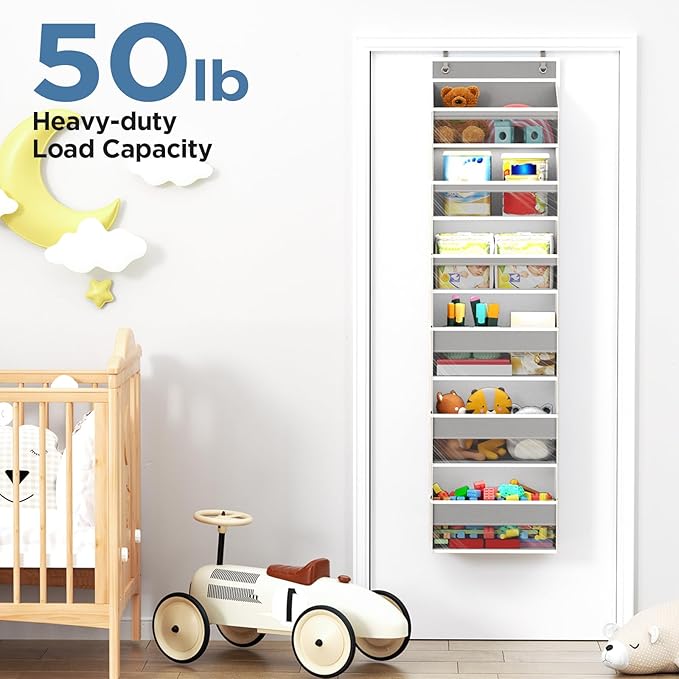 Mefirt Over The Door Organizer, 6 Shelf Door Organizer Hanging with 6 Large Capacity Pockets, Over The Door Storage Hanging Shelves for Closet Wall Bathroom Closet Bedroom Nursery