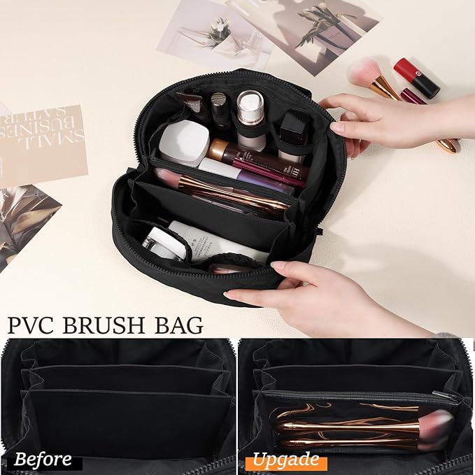 Makeup Bag for Women, Wide Open Lay-Flat Water-Resistant Cosmetic Case, Festivalment Makeup Bag, Spacious 180° Open Cosmetic Organizer for Toiletries & Brushes Large Capacity with Compartments (Black)