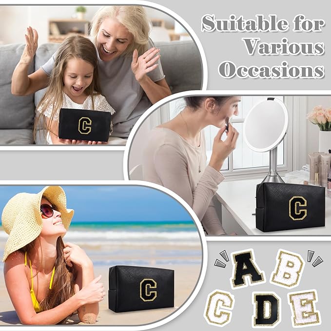Personalized Initial A-Z Preppy Patch Makeup Bag,Small PU Chenille Letter Cosmetic Bag with Zipper for Teen Girls,Black Cute Toiletry Organizer Bag,Monogram Makeup Case Gift for Women Girls,Letter C