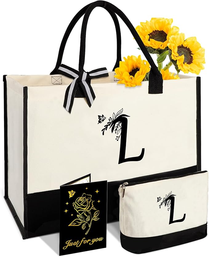 Personalized Gifts for Women - Initial Canvas Tote Bag & Makeup Bag, Custom Bags for Beach, Christmas, Wedding, Birthday, Holiday, Monogram Birthday Gifts for Women, Mom, Wife, Teacher, Friend - L