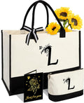 Personalized Gifts for Women - Initial Canvas Tote Bag & Makeup Bag, Custom Bags for Beach, Christmas, Wedding, Birthday, Holiday, Monogram Birthday Gifts for Women, Mom, Wife, Teacher, Friend - L