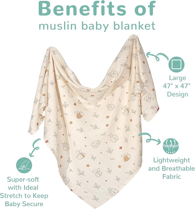 HECCEI Muslin Swaddle Blanket - Baby Muslin Blanket Large Swaddles 47 x 47 inches Breathable & Soft Baby Receiving Blanket Gender Neutral for Newborn Boys Girls, Garden Friend