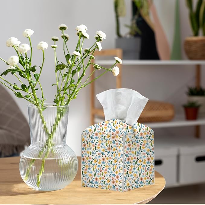 Tissue Box Cover, Tissue Box Holder, Square with Belt Bottom, PU Leather Decorative Organizer for Desk, Tabletop, Countertop Bathroom, Toilet Car, Office, Bedside Kitchen, Aesthetic Flower Decor