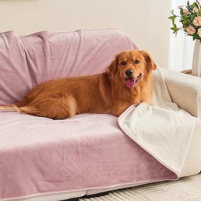 Yaning Waterproof Blanket 80"x90" for Adults, Reversible Waterproof Bed Cover for Dogs Cats Pets, Soft Leakproof Blanket for Bed Couch Sofa Furniture Protector, Dusty Pink/Off White