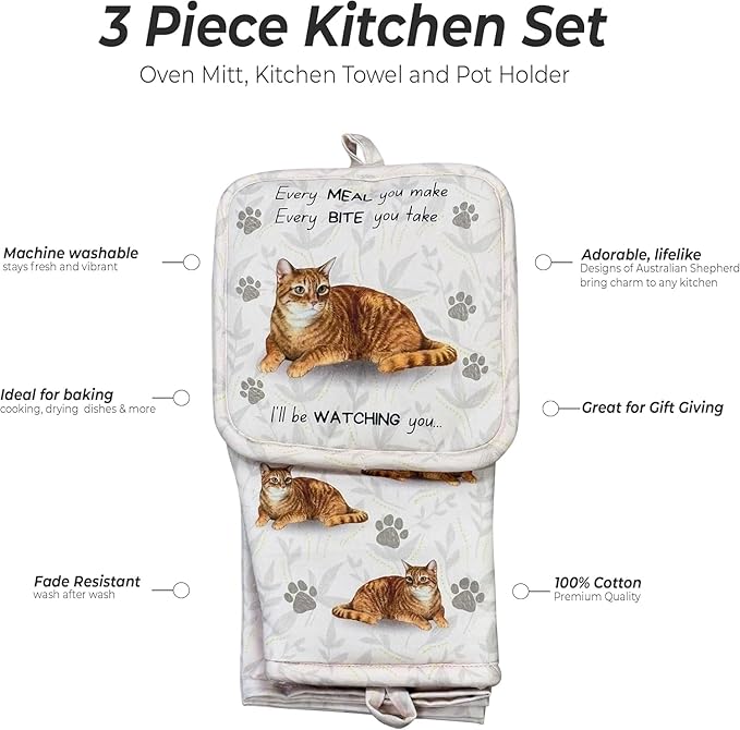 Tabby Orange cat 3-Piece Kitchen Set - Oven Mitt, Pot Holder & Kitchen Towel Set, Heat Resistant up to 420 F, Soft Quilted Cotton for Cooking, Baking, BBQ, Pet Lover Gifts (Tabby Orange Cat)