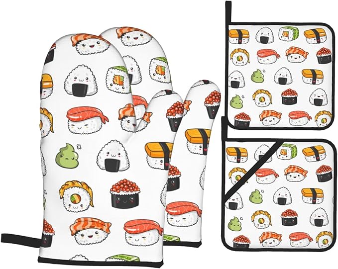 Japanese Kawaii Sushi Oven Mitts and Pot Holders Set of 4, Oven Mittens and Potholders Heat Resistant Gloves for Kitchen Cooking Baking Grilling BBQ