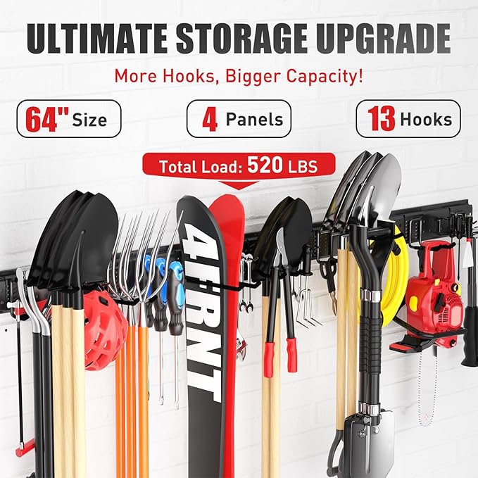 ZICANYCO Garage Tool Organizer Wall Mount 64 inches with 13 Adjustable Heavy-Duty Hooks, Garage Organization, Garden Tool Storage Rack, Yard, and Shed, Holds Up to 520 lbs