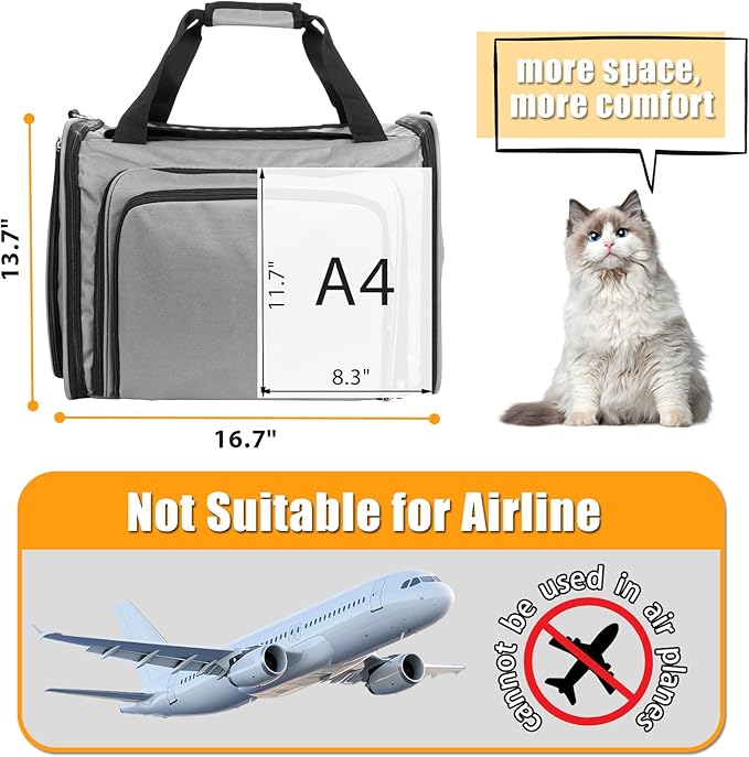 Cat Carrier with Litter Box, Collapsible Soft Sided Pet Carrier for Car Travel, Cat Travel Carrier with Locking Zippers, Expandable Cat Carrier with Food Bowl for Cats/Puppies up to 25 lbs, Grey