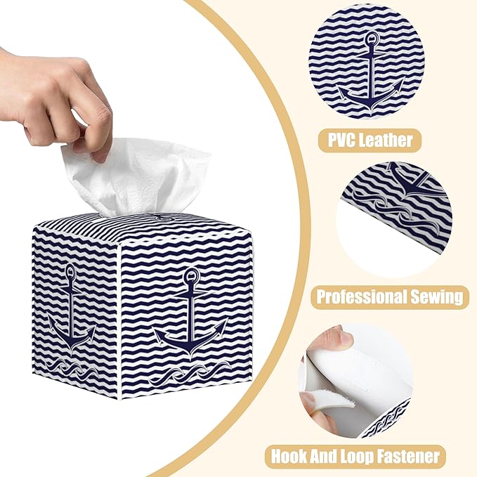 BLYKVGHQ Square Tissue Box Cover Nautical Anchor on Blue and White Stripes Tissue Box Holder Facial Cube Paper Dispenser Leather Decorative Organizer Home Office Desk Decor, 5.2"x5.2"x5.2"