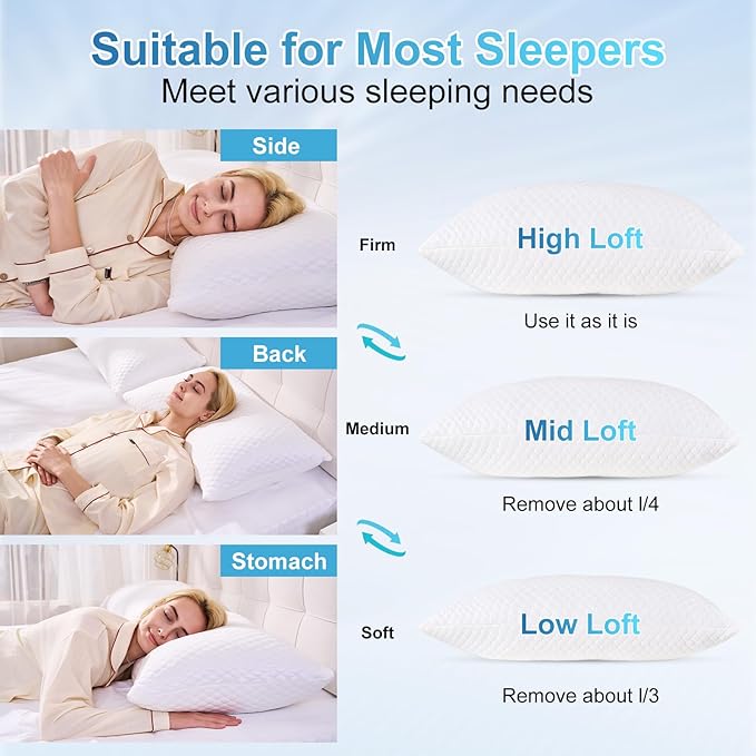NTCOCO Cooling Bed Pillows Queen Size Pack of 2 for Sleeping Shredded Memory Foam Bed Pillows Adjustable Gel for Side Stomach Back Sleepers Washable Removable Cover Cover