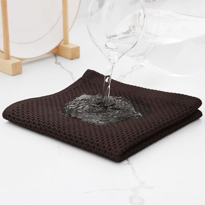 Kitinjoy 100% Cotton Kitchen Dish Cloths, 6 Pack Waffle Weave Ultra Soft Absorbent Dish Towels for Drying Dishes Quick Drying Kitchen Towels Dish Rags, 12 X 12 Inches, Dark Brown