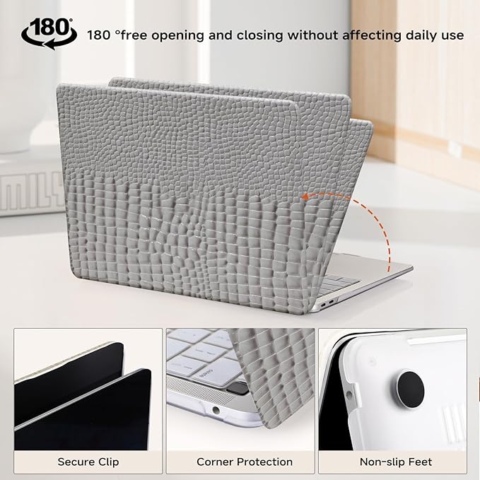 BYCeKe Crocodile Print Case for MacBook Air 13 inch M4 M3 M2 2025-2022 A3240 A3113 A2681,for Mac Air M4 Alligator Snake Textured Leather Glossy Cute Hard Shell&Keyboard Cover for Mac Air 13.6,Grey