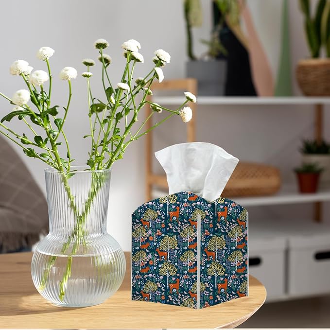 Tissue Box Cover, Tissue Box Holder, Square with Belt Bottom, PU Leather Decorative Organizer for Desk, Tabletop, Countertop Bathroom, Toilet Car, Office, Bedside, Kitchen, Deer Tree Flower Decor
