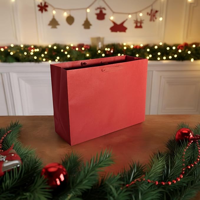 Prime Line Packaging Red Gift Bags, Kraft Paper Christmas Gift Bags with Handles for Kids, Large Holiday Paper Bags for Wrapping, Weddings, Party Favors, Bulk, 16x6x12, 50 Pack