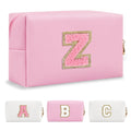 Personalized Initial A-Z Preppy Patch Makeup Bag,Small PU Leather Chenille Letter Cosmetic Bag with Zipper for Teen Girls,Pink Cute Travel Toiletry Bag,Birthday Monogrammed Gift for Daughter,Letter Z