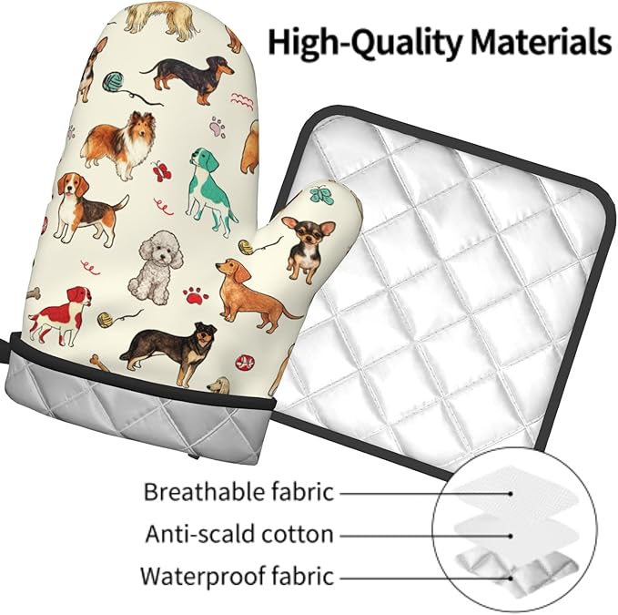 Dog Oven Mitts and Pot Holders Sets 2Pcs,Funny Oven Gloves Potholder Cute Animal Design Kitchen Mitt for Chef Cooking Baking Housewarming