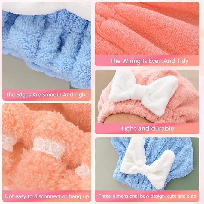 2PCS Super Absorbent Hair Towel Wrap for Wet Hair,Microfiber Hair Drying with Caps Bow Design,2026 New Fast Drying Hair Turban Wrap Towels Shower Cap for Girls and Women(Pink, Blue)