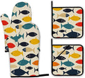 Cute Fish Oven Mitts and Pot Holders Set,Boho Kitchen Decor Heat Resistant Non Slip Hot Pads and Oven Mitt for Chef Cooking Baking BBQ Mom Girl Gifts(4 Piece Set)