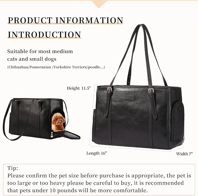 Lasaviin Fashion Dog Purse Pet Carrier Leather Bag for Small Dogs Cats Puppy, Portable Tote Bag Airline Approved Soft-Sided Carriers (Black)