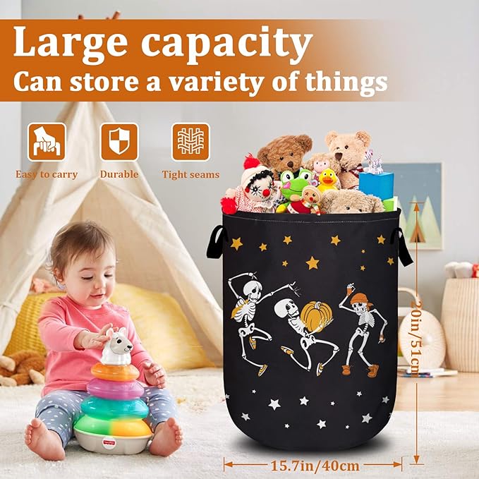 Dancing Skull Laundry Basket with Sturdy Handles, Halloween Funny Collapsible Oxford Cloth Laundry Hamper Organizer Basket for Bathroom Bedroom 15.7x20 Inch