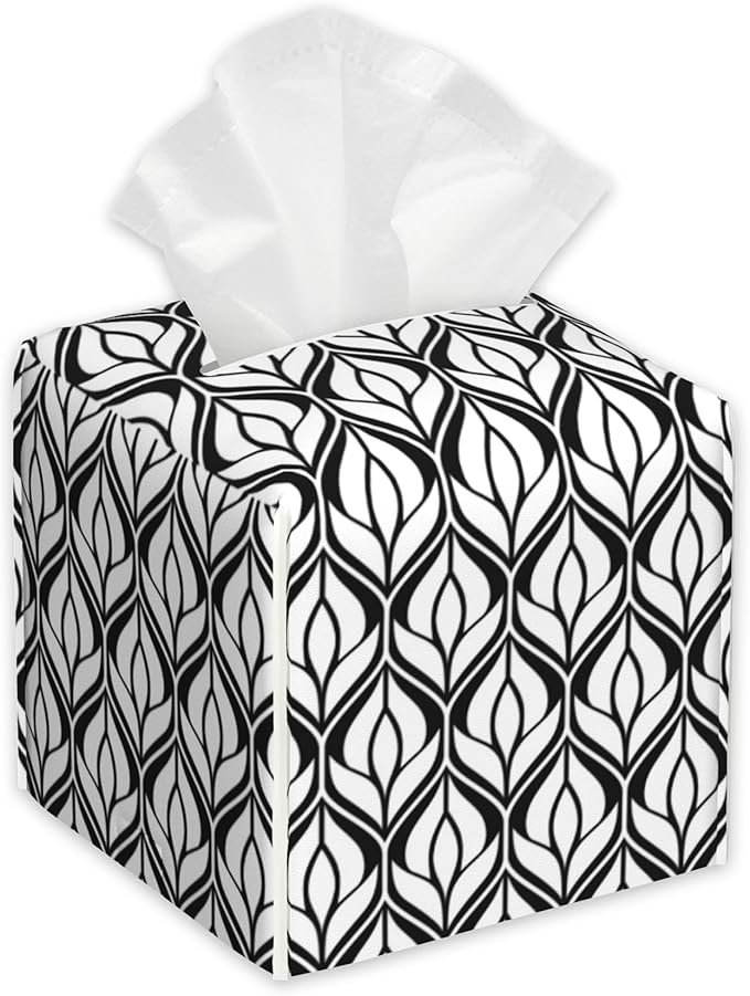 Abstract Geometric Tissue Box Cover Square,Tissue Box Holder with Belt Bottom,Stylish Leather Napkin Holder for Vanity Countertop,Nightstands,Office Desk,5.2"×5.2"×5.2"