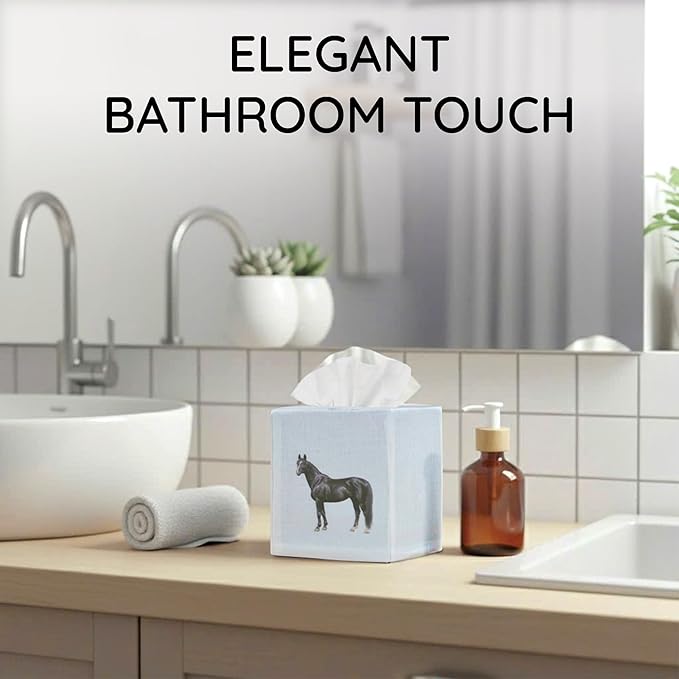 EmbroideryLinen.VN Tissue Box Cover Set of 2, Square Linen Tissue Holder, Printed Animal Pattern, 4.5x4.5x5.5 Inches, Decorative Holder for Bathroom, Living Room, Office (Horse - Ivory)