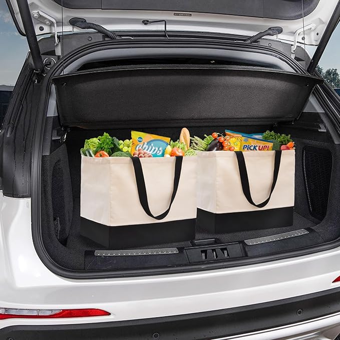CNaiyunpin Heavy Duty Canvas Reusable Grocery Bags - 8.3 Gal Foldable Large Tote with Handles, Holds 60 lbs & Washable Eco-friendly Bags with 5 Pockets, Off White Black